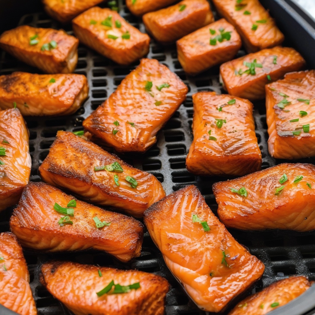 Golden brown salmon bites in air fryer basket