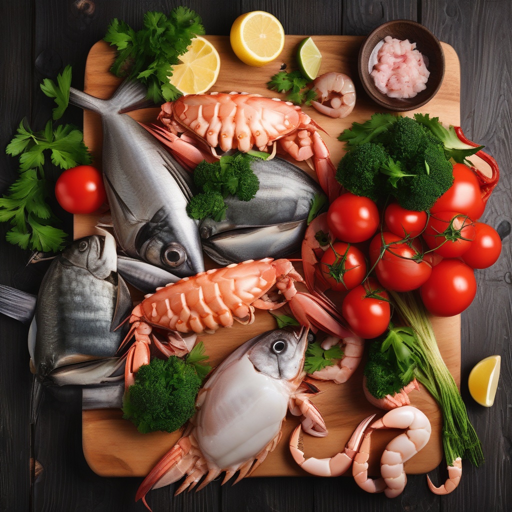 Fresh seafood ingredients arranged on a wooden cutting board