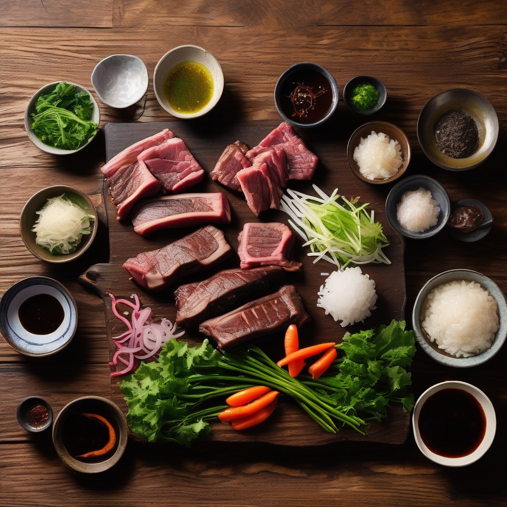 Korean BBQ ingredients including short ribs, marinade ingredients, and garnishes laid out on a rustic wooden surface