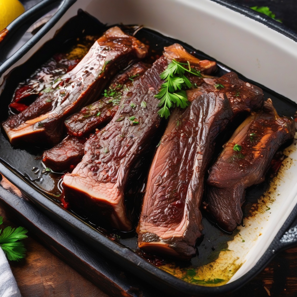 Marinated short ribs ready for cooking, showing the rich color of the marinade