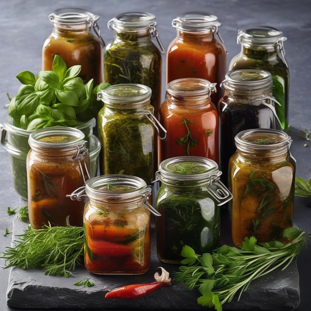 Various marinades in glass containers with fresh herbs