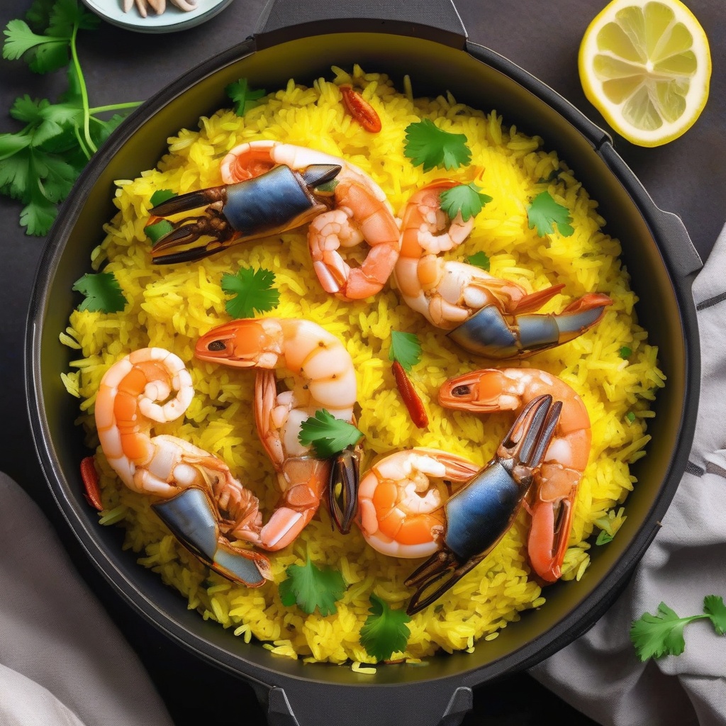 Air fryer filled with bright yellow saffron rice topped with seafood