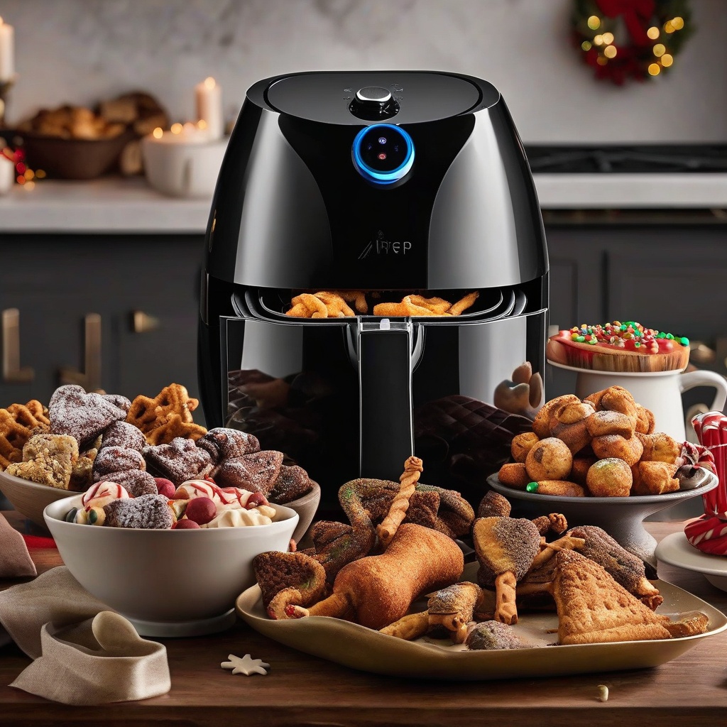 An air fryer with various holiday treats surrounding it