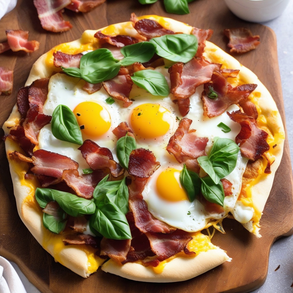 Air fryer breakfast pizza with runny egg and crispy bacon on top