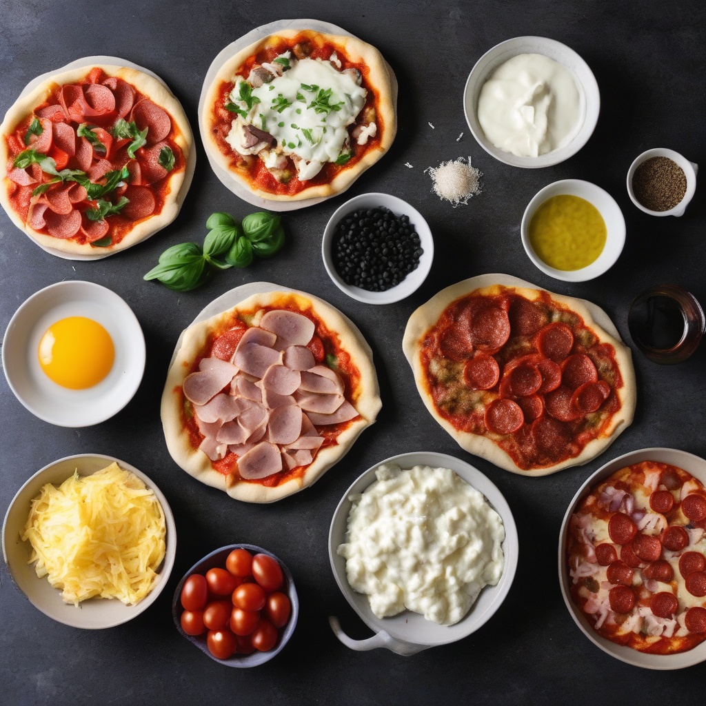 Various breakfast pizza toppings laid out ready for assembly