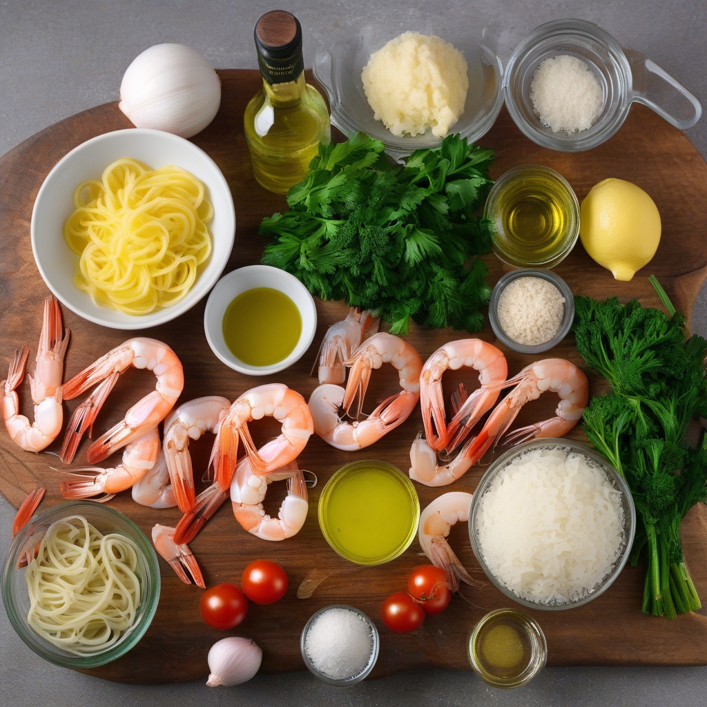 Ingredients laid out for shrimp scampi preparation