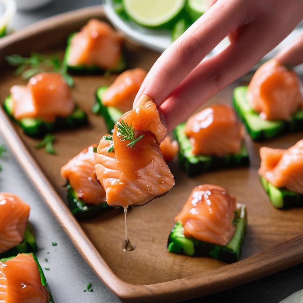 Glazed salmon bites being served