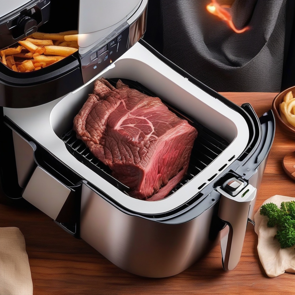 Air fryer cooking beef with visible hot air circulation