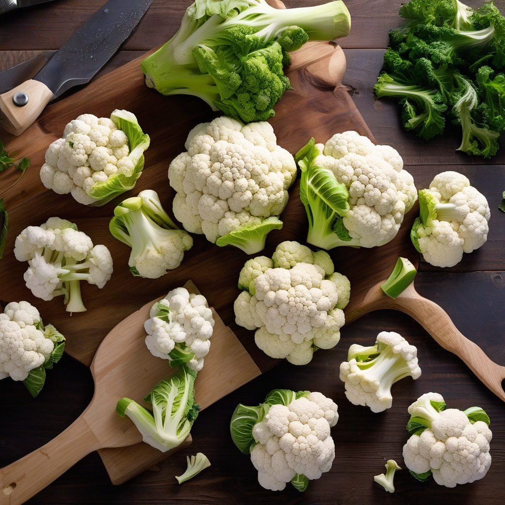 Raw cauliflower being cut into florets on a wooden cutting board