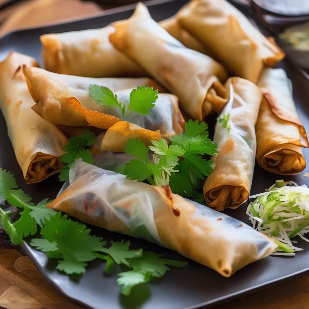 Golden brown air fried spring rolls