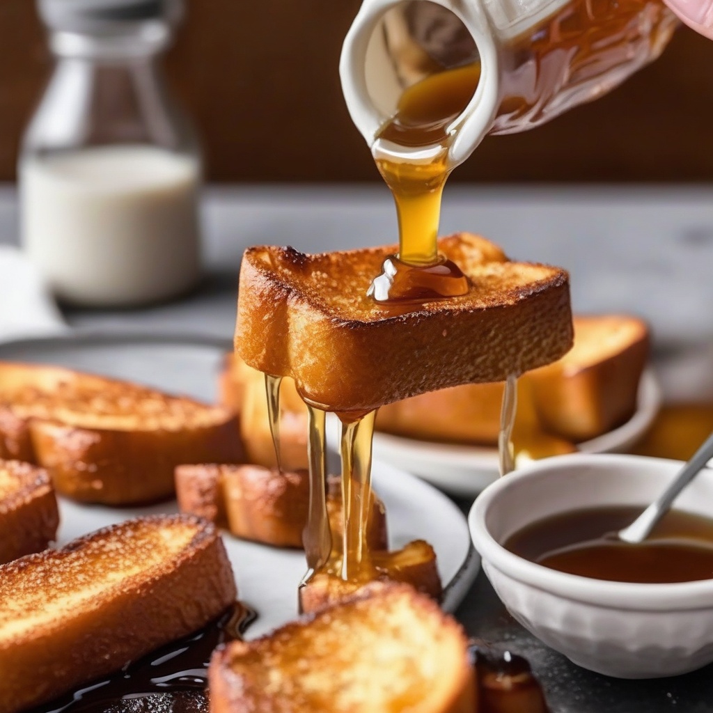 Golden brown French toast sticks being dipped in maple syrup