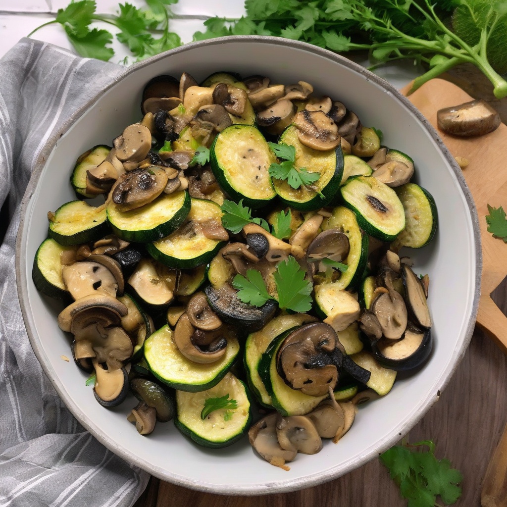 Air fried zucchini and mushroom medley in a serving bowl