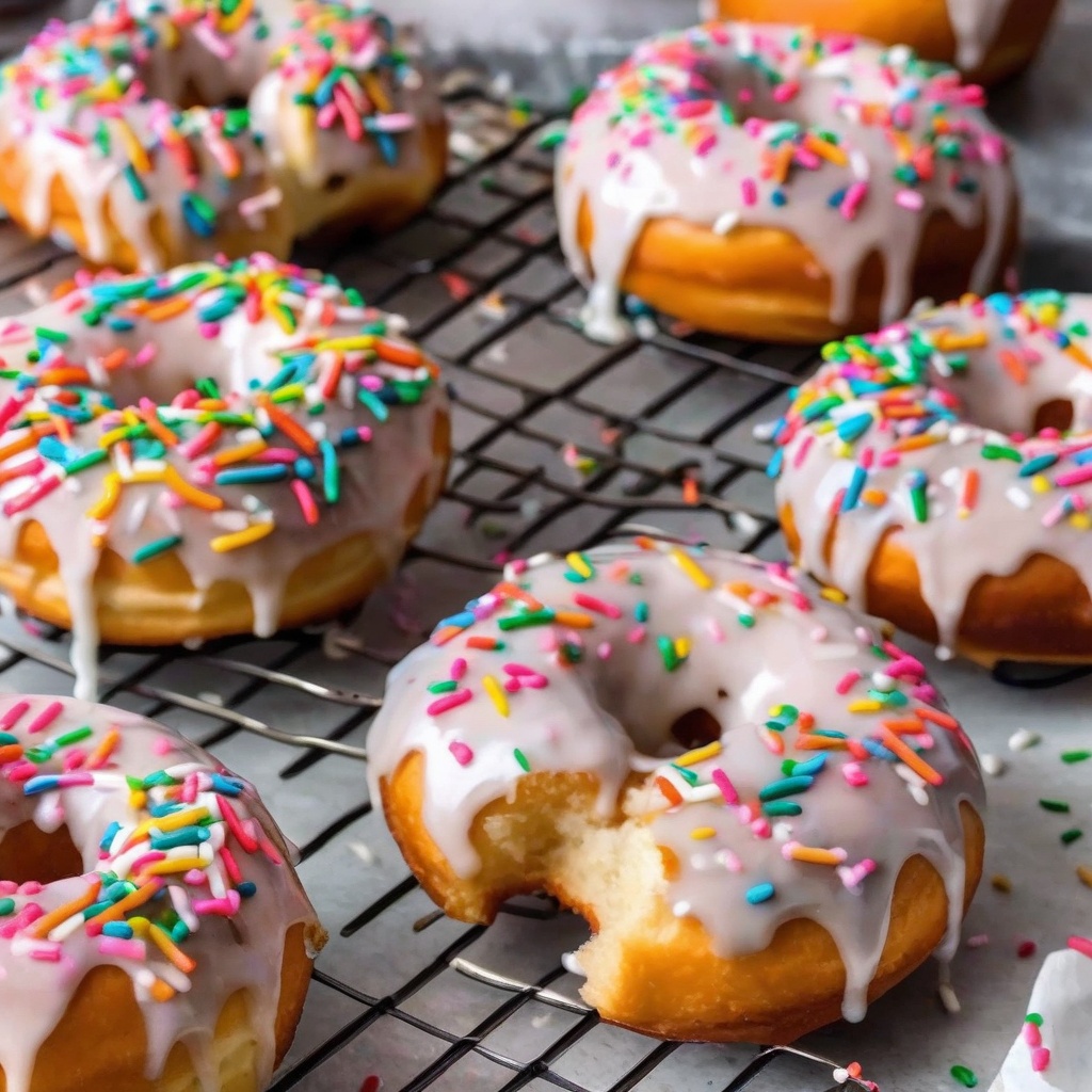 Air fryer doughnuts with glaze and sprinkles