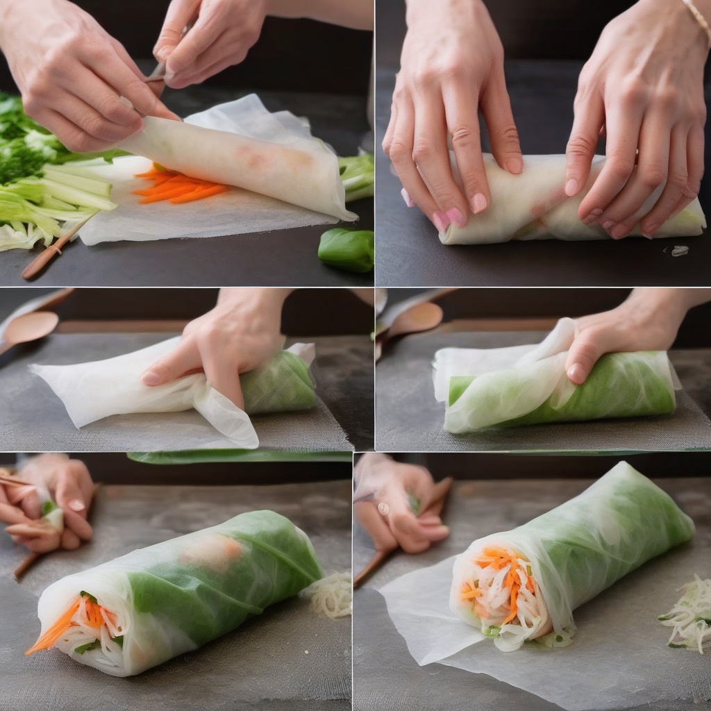 Step-by-step spring roll wrapping demonstration