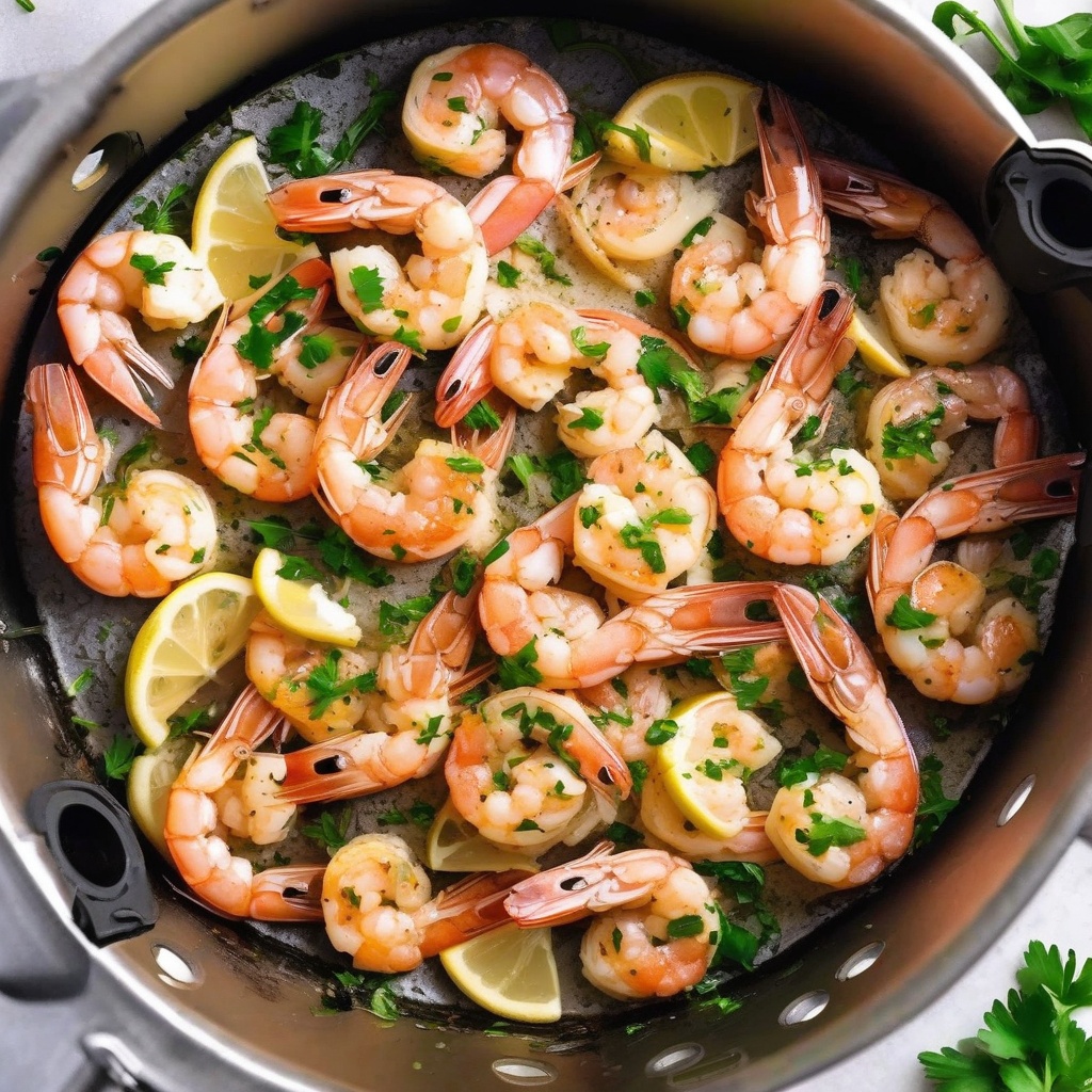 Succulent shrimp scampi in air fryer basket with garlic and herbs