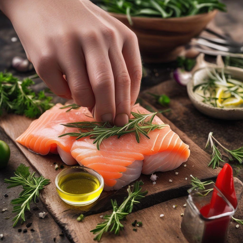 Raw fish fillet being seasoned with herbs and olive oil