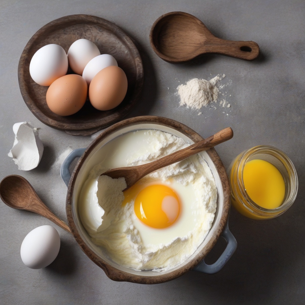 Bowl of egg mixture with whisk and ingredients