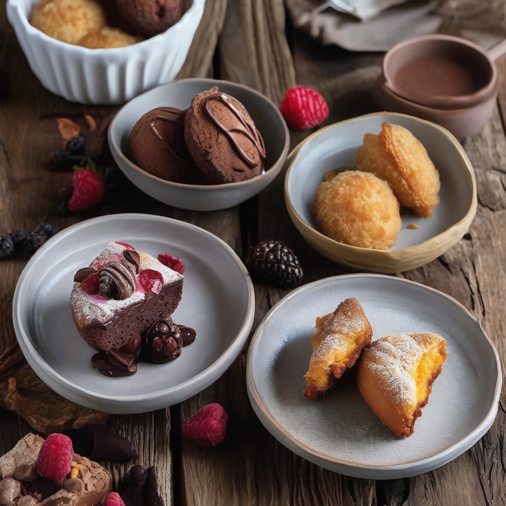 Various air fryer desserts arranged on a rustic wooden table