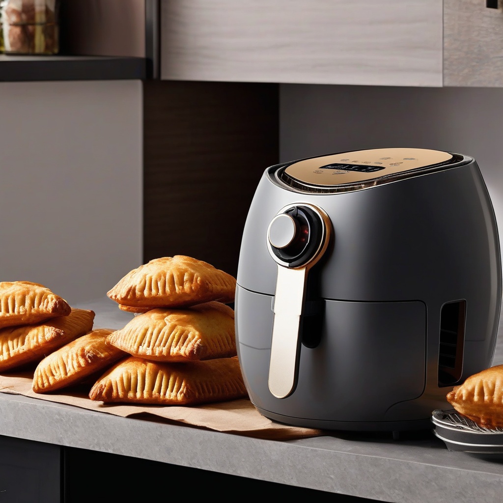 A modern air fryer with golden brown hand pies visible through the basket window