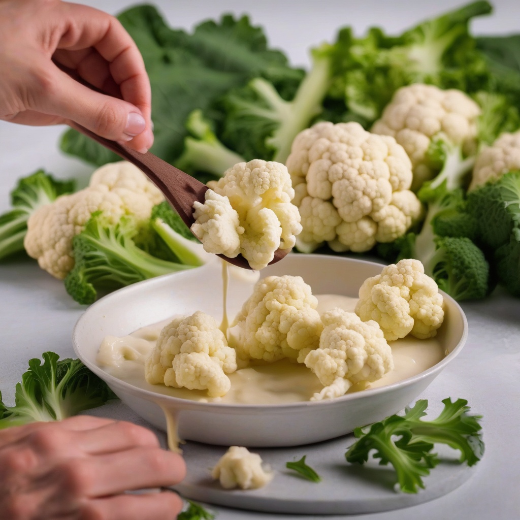 Cauliflower florets being dipped in batter