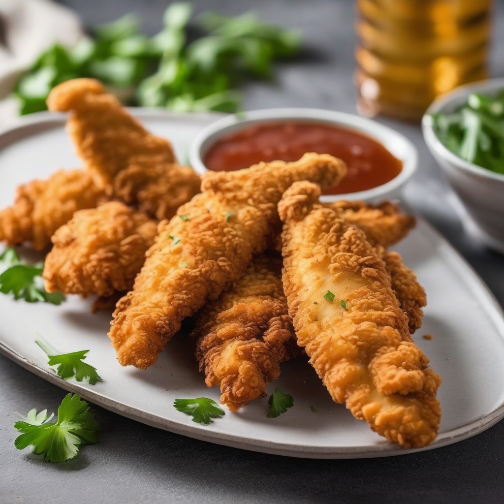 Crispy golden chicken tenders on a plate