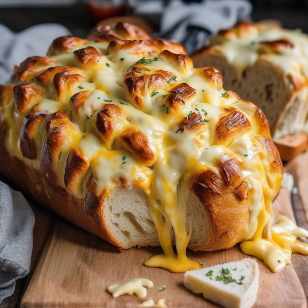 Whole loaf of pull-apart bread with melted cheese oozing from the cuts