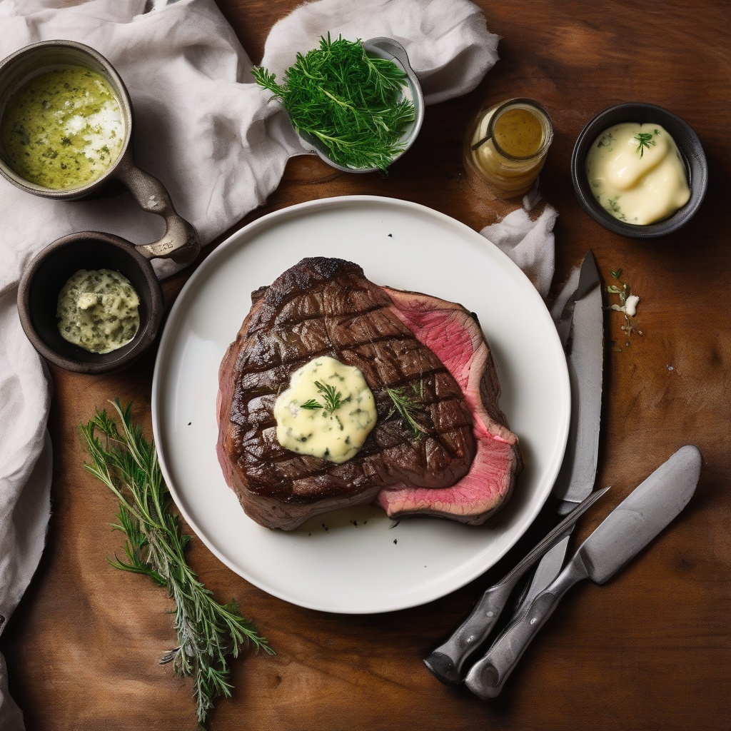 Perfectly cooked ribeye steak with herb butter