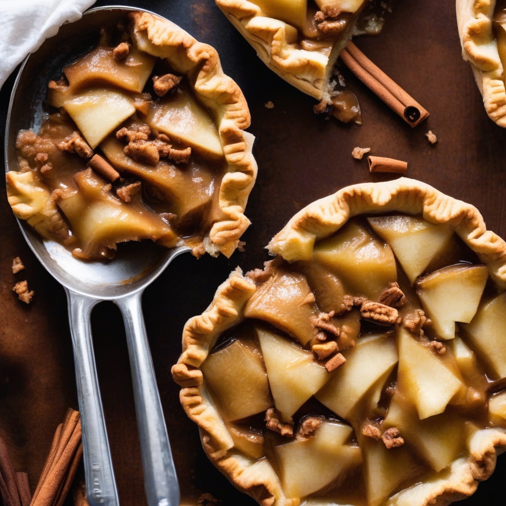 Cinnamon-spiced apple pie filling being spooned onto pie crust quarters