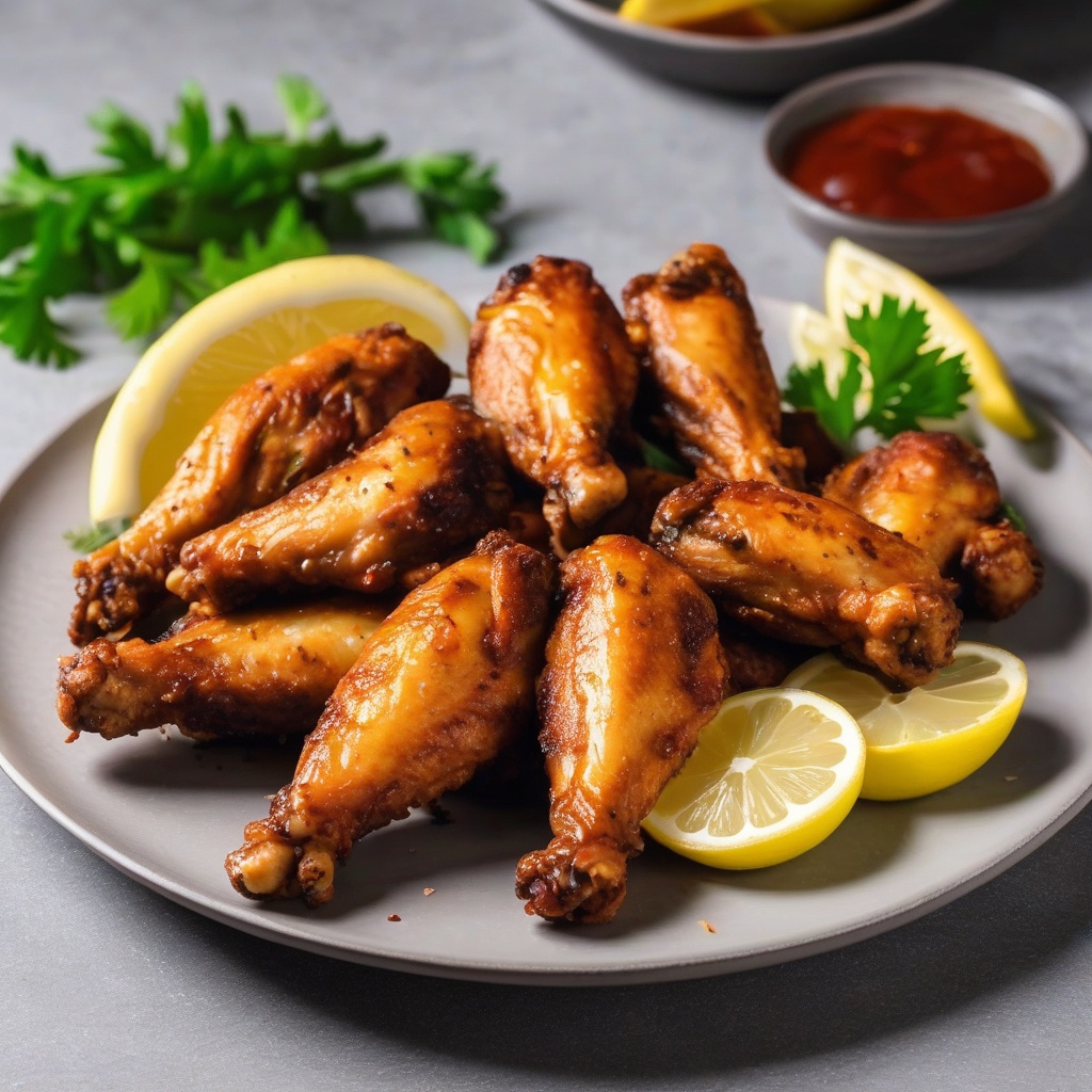 Air fryer chicken wings with lemon wedges