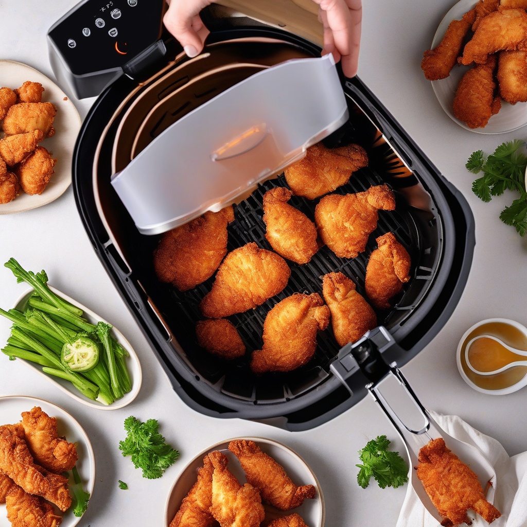 Air fryer with crispy chicken pieces inside