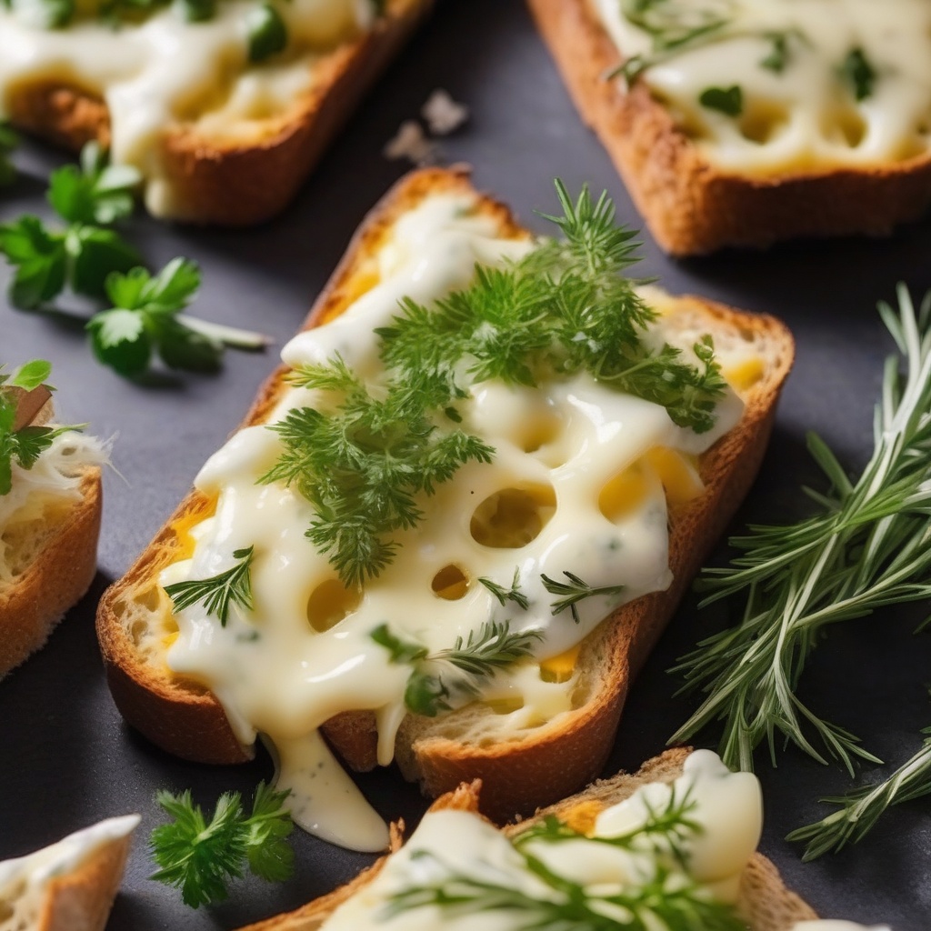 Close up of melted cheese and herbs in bread cuts