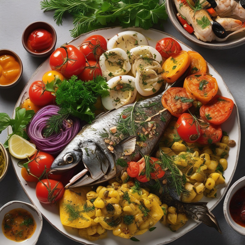 Colorful Mediterranean side dishes arranged around a main fish dish