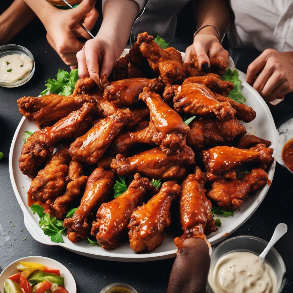 A group of people enjoying chicken wings