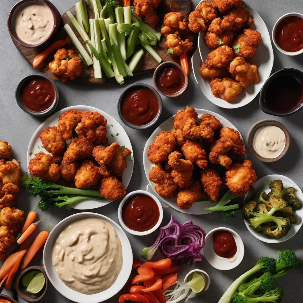 A party spread featuring cauliflower wings, dipping sauce, and vegetables