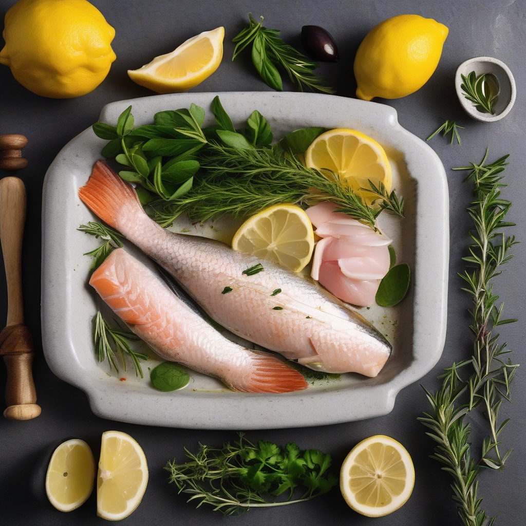 Mediterranean cooking ingredients including fresh herbs, lemons, and olive oil arranged around a fish fillet